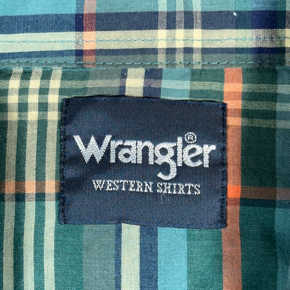 Wrangler Western Shirt Adult LARGE Green Blue Plaid Pearl Snap Outdoor Cowboy - Picture 4 of 10